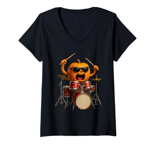 Damen Kürbistrommeln T-Shirt mit V-Ausschnitt von Vegetables Drums