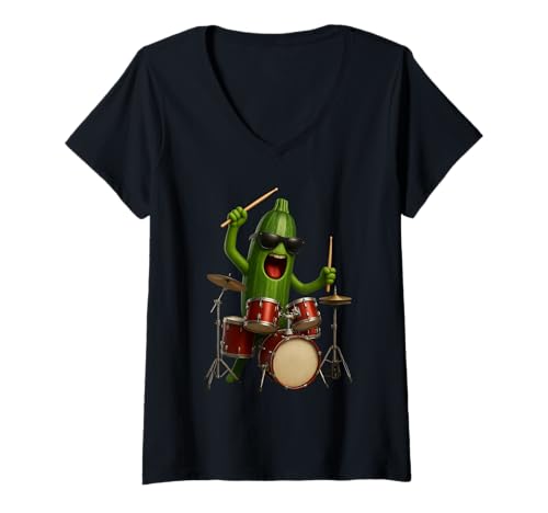 Damen Zucchini-Trommeln T-Shirt mit V-Ausschnitt von Vegetables Drums