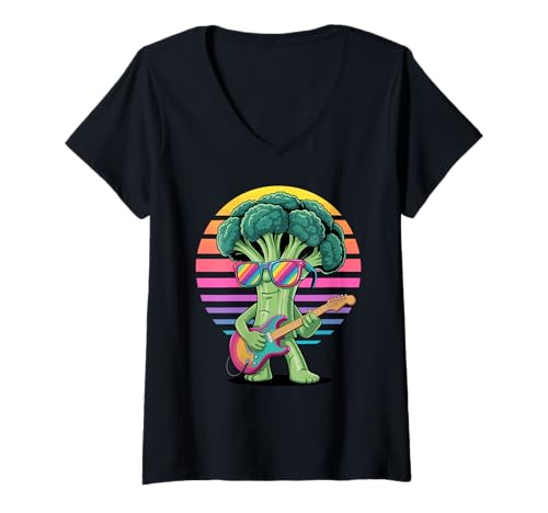 Damen Retro Brokkoli Gitarrist Gitarre T-Shirt mit V-Ausschnitt Damen Retro Brokkoli Gitarrist Gitarre T-Shirt mit V-Ausschnitt von Vegetables Lover Gifts
