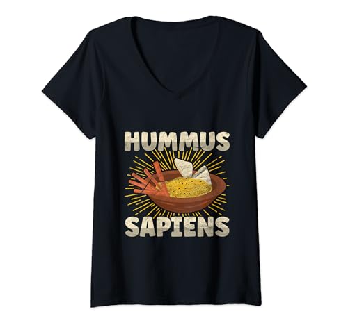 Damen Vegan Lustiges Wortspiel Hummus Sapiens T-Shirt mit V-Ausschnitt von Vegetarian Novelty Apparel