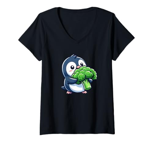 Damen Lustiger Pinguin mit Brokkoli Vegan Cartoon T-Shirt mit V-Ausschnitt von Veggie Penguin Fun and Quirk