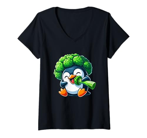 Damen Lustiger Pinguin mit Brokkoli Vegan Comic Design T-Shirt mit V-Ausschnitt Damen Lustiger Pinguin mit Brokkoli Vegan Comic Design T-Shirt mit V-Ausschnitt von Veggie Penguin Humorous Comic Characters