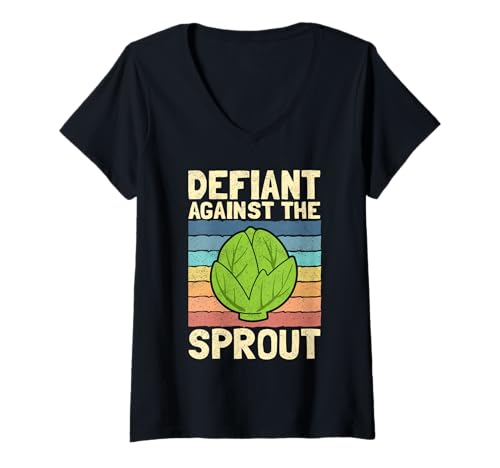 Damen Defiant Against Rosenkohl Lustiger Retro Cartoon T-Shirt mit V-Ausschnitt von Veggie Protest Comedy