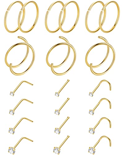 Vegolita 21 Stück 18G 20G 22G 316L Edelstahl Nasenringe Hoop für Damen Herren Doppelnasenring CZ Nasenstecker Piercing Schmuck, Kubischer Zirkonia, Metall, Edelstahl, Zirkonia von Vegolita