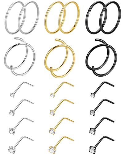 Vegolita 21 Stück 18G 20G 22G 316L Edelstahl Nasenringe Hoop für Damen Herren Doppelnasenring CZ Nasenstecker Piercing Schmuck, Metall, Zirkonia von Vegolita