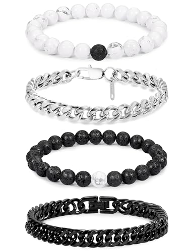 Vegolita 4 Stück matte Lavastein-Perlenarmband, Edelstahl, kubanisches Kettenarmband für Damen und Herren, Naturstein-Perlenarmbänder, 8 mm, Panzerkette, Gliederarmbänder, 19,1 cm, 21,6 cm, 21,6 cm von Vegolita