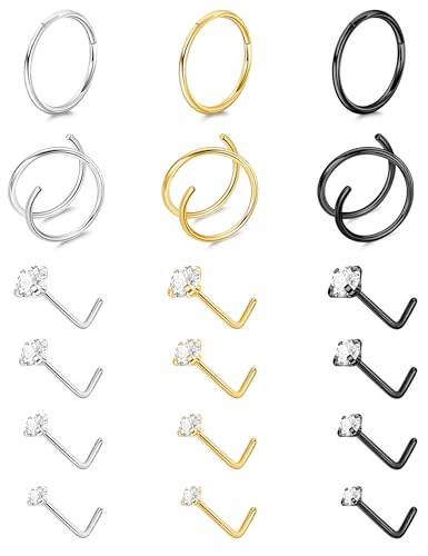 Vegolita Nasenringe aus Chirurgenstahl, 20 g, Zirkonia, Nasenstecker für Damen, Clicker, Scharnier-Nasenringe für Herren, Doppelnasenring, Piercings, Schmuck, 18 Stück, Metall, Zirkonia von Vegolita