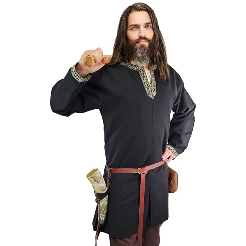Vehi Mercatus Klassische Wikinger Tunika mit Knotenmuster Hakon- langarm- Baumwolle- Schwarz, Braun,Rot,Gr??n oder Blau- LARP, Reenactment, Alltag (Schwarz, S) von Vehi Mercatus