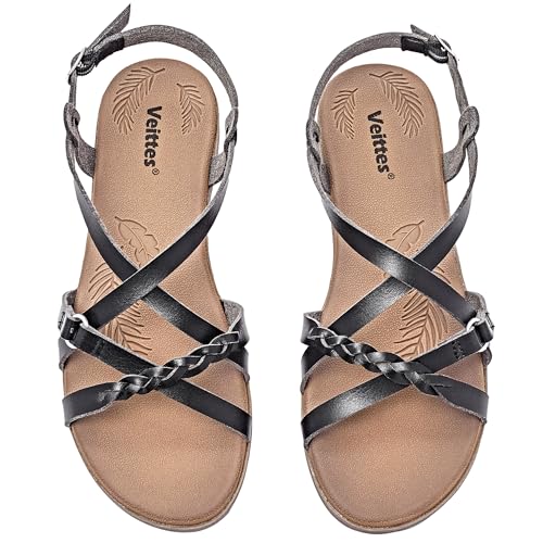 Veittes Frauen Slide Sandalen - Damen Freizeitsandale mit geflochtenen Cross Strap.(2207023,BK/MF,36.5) von Veittes