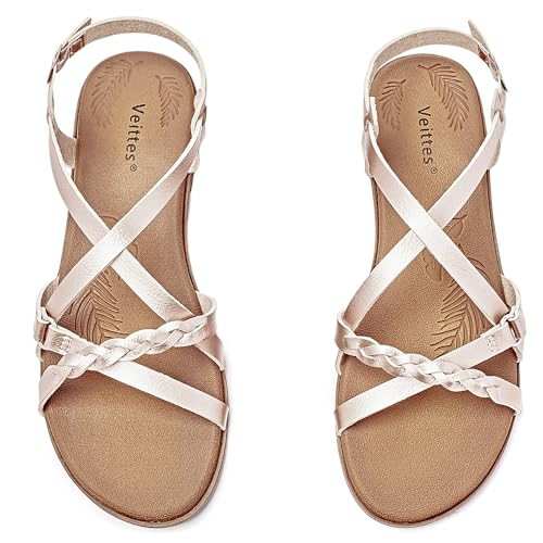 Veittes Frauen Slide Sandalen - Damen Freizeitsandale mit geflochtenen Cross Strap.(2207023,GD/MF,37) von Veittes