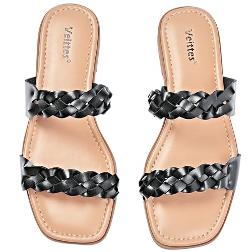 Veittes Weite Frauen Slide Sandalen - Lässige geflochtene Slip-on-Flachsandalen für den Sommer.(2307021,BK/MF,37) von Veittes