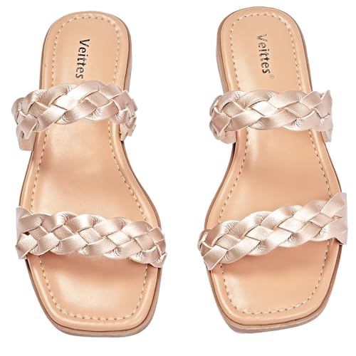 Veittes Weite Frauen Slide Sandalen - Lässige geflochtene Slip-on-Flachsandalen für den Sommer.(2307021,GD/MF,37) von Veittes