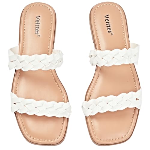 Veittes Weite Frauen Slide Sandalen - Lässige geflochtene Slip-on-Flachsandalen für den Sommer.(2307021,WT/MF,36.5) von Veittes