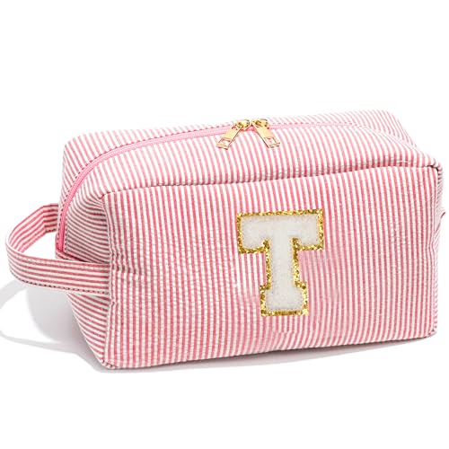 Veki Preppy Make-up-Tasche für Frauen, personalisierte Initiale Brief Kosmetiktasche mit Reißverschluss, Chenille kleine Kultur-Patch-Tasche, niedlicher Make-up-Tasche Organizer für Teenager, Mädchen, von Veki