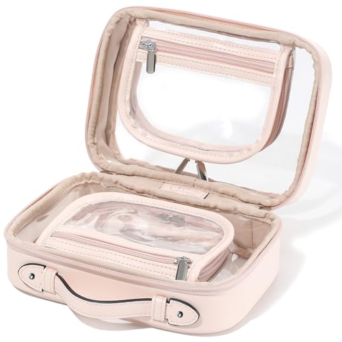 Veki Transparent Kosmetiktasche, Doppelte Lage Reise Kulturbeutel, Wasserdichter Kulturtasche, Groß Kapazität Öffnen Sie Kosmetikbeutel, Make Up Tasche Organizer für Damen und Mädchen (Mittel Rosa) von Veki