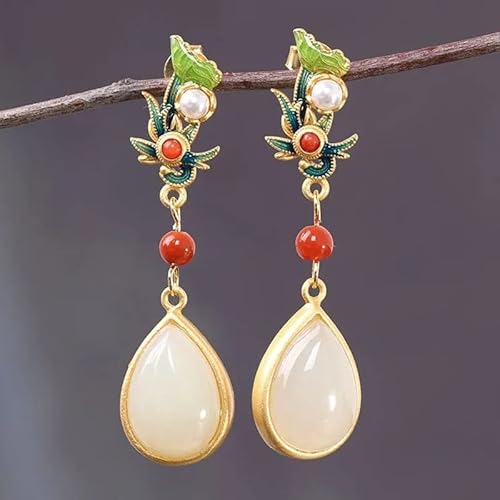 Ethnische Ohrringe, natürliche Hetian-Jade-Emaille-Porzellan-Ohrringe, chinesischer Retro-Gerichtsstil, einzigartiger alter Goldschmuck for Damen (Gem Color: Style 13) (Size : Style 1) von VekkEr