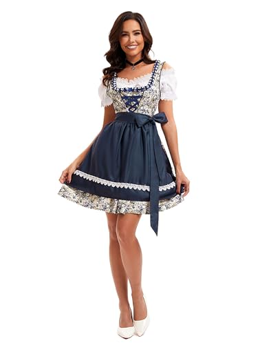Velcoxplay Dirndl Damen midi Trachtenkleid Damen Dirndlkleid mit Spitze Trachtenmode inkl. Dirndlbluse Dirndlschürze 3 teilig für Oktoberfest Karneval Blau (Aktualisierte Version) M von Velcoxplay