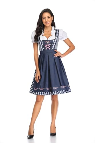 Velcoxplay Dirndl Damen midi Trachtenkleid Damen Dirndlkleid mit Spitze Trachtenmode inkl. Dirndlbluse Dirndlschürze 3 teilig für Oktoberfest Karneval Blau L von Velcoxplay