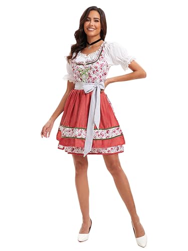 Velcoxplay Dirndl Damen midi Trachtenkleid Damen Dirndlkleid mit Spitze Trachtenmode inkl. Dirndlbluse Dirndlschürze 3 teilig für Oktoberfest Karneval Red XL von Velcoxplay