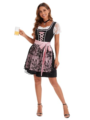 Velcoxplay Dirndl Damen midi Trachtenkleid Damen Dirndlkleid mit Spitze Trachtenmode inkl. Dirndlbluse Dirndlschürze 3 teilig für Oktoberfest Karneval Schwarz XXL von Velcoxplay