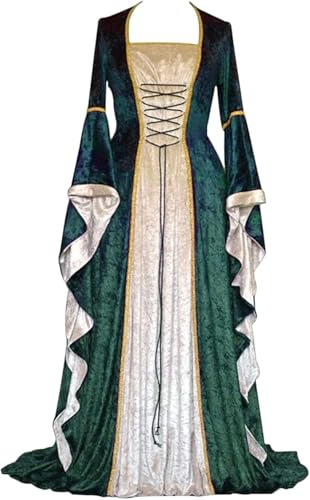 Velcoxplay Retro Mittelalter Kleidung Damen Samtkleid mit Trompetenärmel, Mittelalterliche Viktorianischen Königin Kleider Renaissance Festlich Halloween Karneval Gothic Kostüm Grün L von Velcoxplay