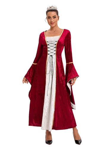 Velcoxplay Retro Mittelalter Kleidung Damen Samtkleid mit Trompetenärmel, Mittelalterliche Viktorianischen Königin Kleider Renaissance Festlich Halloween Karneval Gothic Kostüm Rot M von Velcoxplay