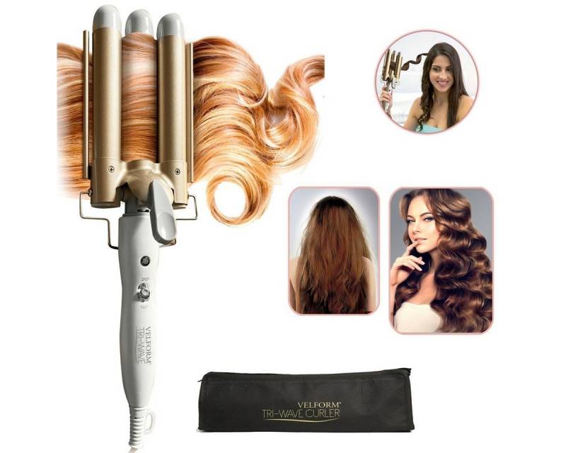 Velform® Welleneisen Tri-Wave Curler Turmalin-Keramik-Beschichtung, 3-köpfiger Lockenstab, Haar-Styling-Werkzeug, inkl. Reisetasche von Velform®️