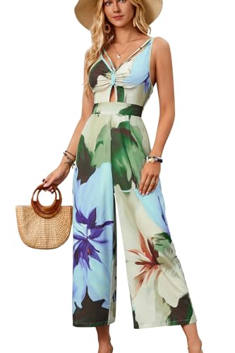 Velius Damen Jumpsuit mit V-Ausschnitt, Schlüsselloch, elegant, rückenfrei, tropischer Blumendruck, weites Bein, Blau, Small von Velius