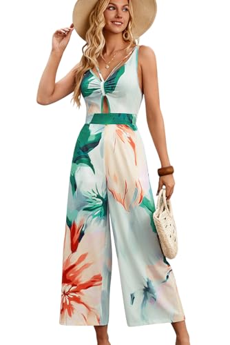 Velius Damen Jumpsuit mit V-Ausschnitt, Schlüsselloch, elegant, rückenfrei, tropischer Blumendruck, weites Bein, Orange/Abendrot im Zickzackmuster (Sunset Chevron), Large von Velius
