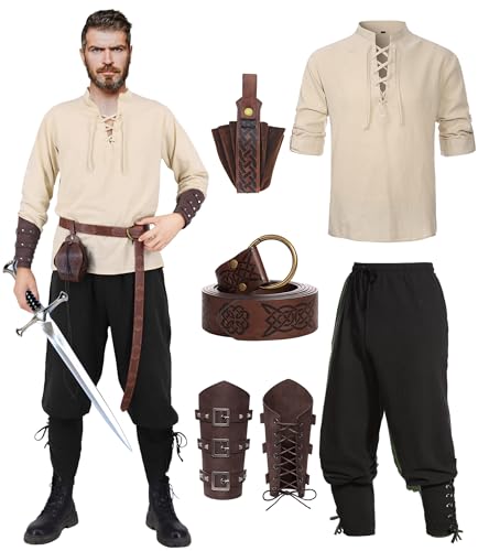 Mittelalter Hemd Viking Kostüm Herren Renaissance Viktorian Piraten Schnürhemd Fischerhemd Kriegerin Gothic Stehkragen Cosplay Top with Kniebundhose Männer Armschützer Steampunk Ritter Gürtel VL001M von Velmawig