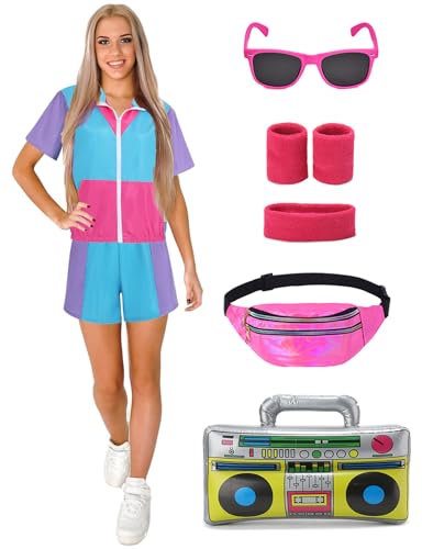 Velmawig 80er Jahre Outfit Damen 90er Jahre Kostüm Damen 80er jahre accessoires neon Party Trainingsanzug Kurzarm Jogginganzug LUXUS Retro Anzug für Karneval Fasching Mottoparty, Blau VL010L von Velmawig