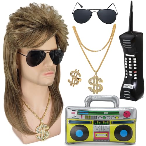 Vokuhila Perücke Herren 80er Jahre Perücke Set Blond-Braun Kunsthaar mit Retro Hip Hop Radio Ballon Bad Taste Party Mottoparty Karneval Disco Rockstar Proll Kostüm Accessoires V012 von Velmawig