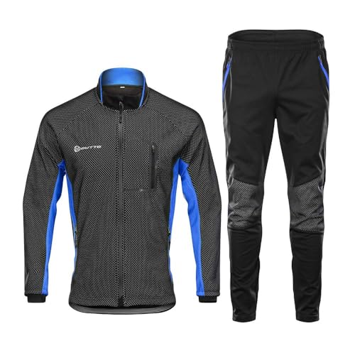 VeloZenith Herren Fahrradbekleidung Set Langarm Fleece UV- Schutz Radjacke + Fahrradhose M - 3XL (Schwarz-Blau, XL) von VeloZenith