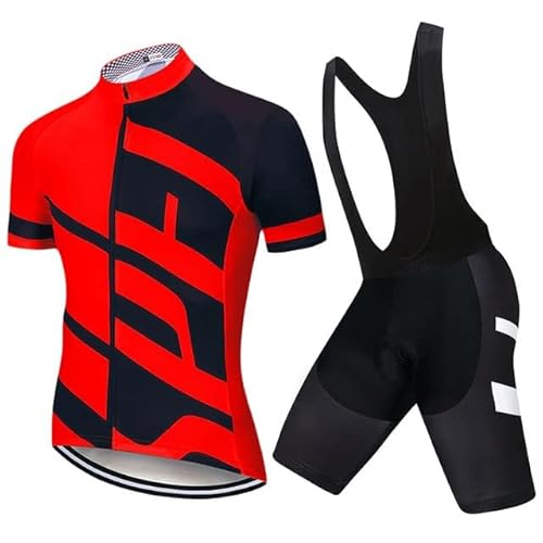 VeloZenith Herren Fahrradtrikot Set schnell trocknendes Radtrikot kurzarm mit Sitzpolster atmungsaktives Shirt + Trägerhose/Radlerhose für Radsport S-2XL,Schwarzrot mit Träger,XL von VeloZenith