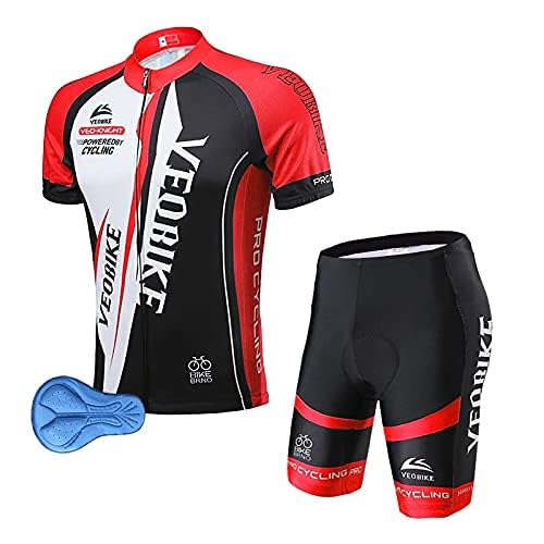VeloZenith Herren Radtrikot Set Kurzarm Trikot 3D gepufferte Radhose Rennrad Fahrradbekleidung Sommer Atmungsaktives Radtrikot+Fahrrad Rennrad Lätzchen Short Set MTB Rot,XXL von VeloZenith