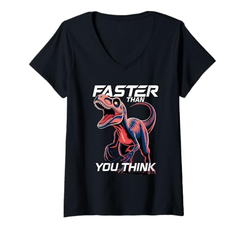 Damen Faster Than You Think Velociraptor Humor Grafik T-Shirt mit V-Ausschnitt Damen Faster Than You Think Velociraptor Humor Grafik T-Shirt mit V-Ausschnitt von Velociraptor Speed Humor Dinosaur Enthusiast