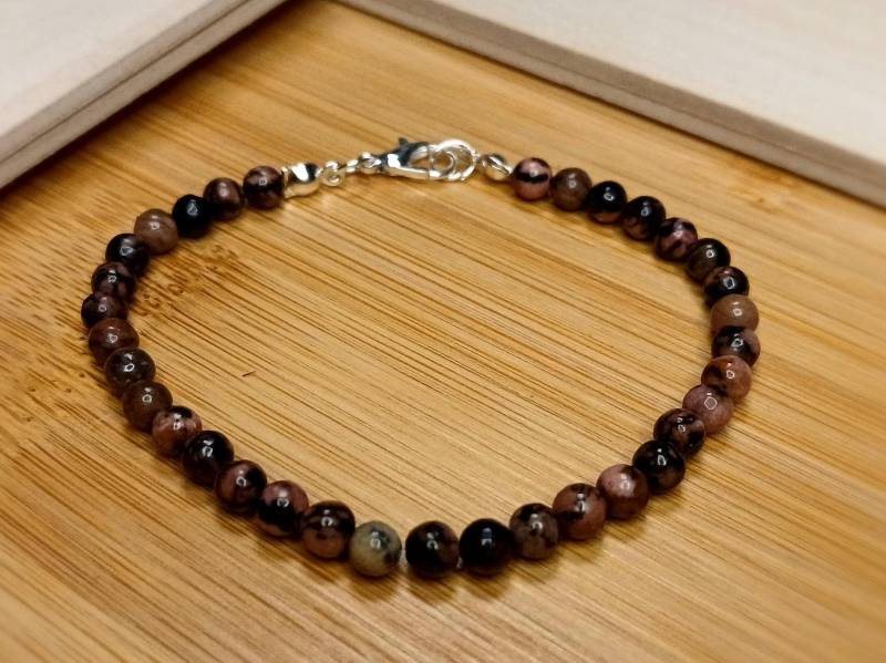 Edelstein Armband Damen Rhodonit 4mm Und Karabinerverschluss - Rosa Glänzend Goldene Edelstahlkugel Perlenarmband Gesundheit Heilung von VeloraBoutique
