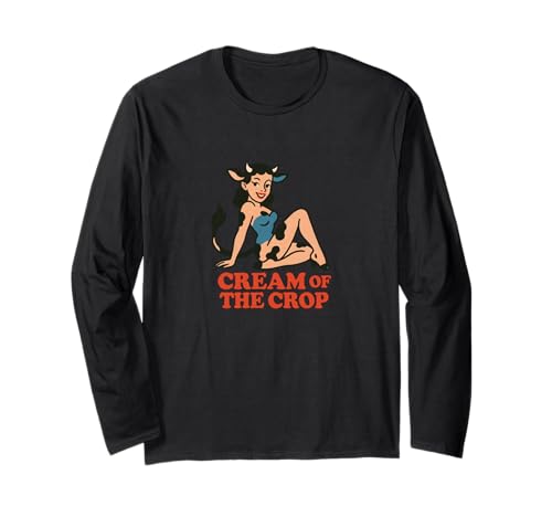 Cow Girl Pinup Retro-Rinder-Käsekuchen Cream of The Crop Langarmshirt von Velvet Pasture Studio Cream