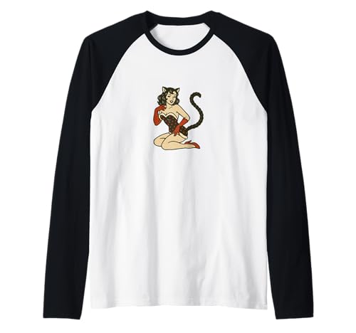 Retro Katze Mädchen Pinup Vintage Katze Burlesque Halloween Raglan von Velvet Whisker Studio