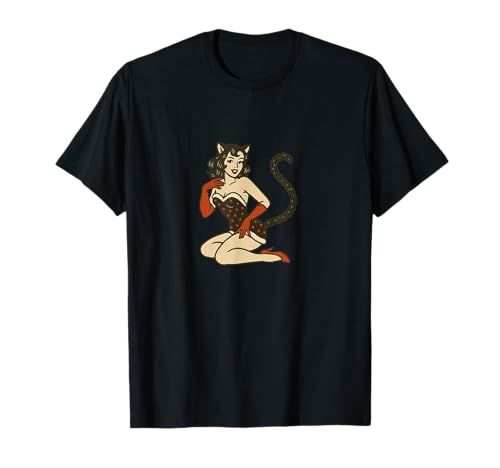 Retro Katze Mädchen Pinup Vintage Katze Burlesque Halloween T-Shirt von Velvet Whisker Studio