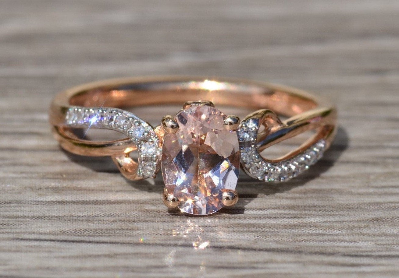 Damen Signierter 14K Rose Gold Verlobungsstil Ring Mit Morganit Und Diamanten von VelvetBoxSociety