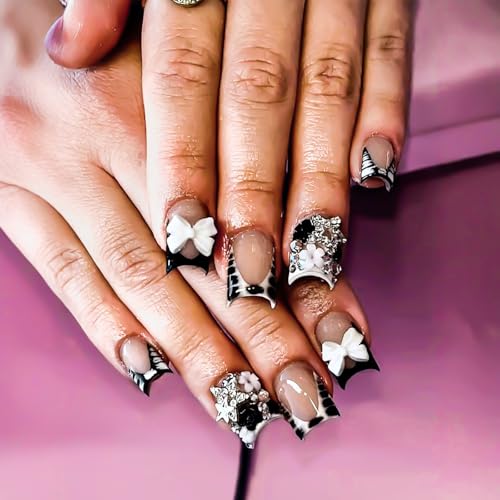 24 StüCk Kurze, Quadratische Press-On-NäGel Mit SchleifenanhäNgern, Schwarz-WeißEm Zebra-Print Und SüßEn Blumendesigns, Silbernen Stern-Strasssteinen, KüNstliche NäGel FüR Frauen von VelvetGlow