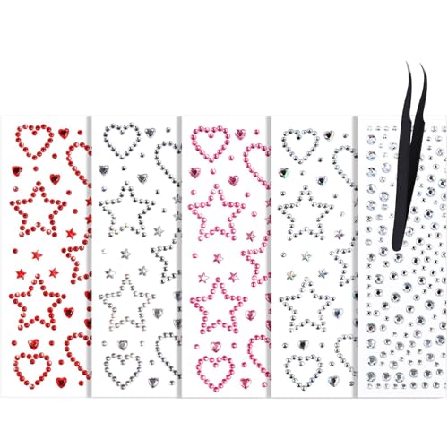 Selbstklebende Gesichts-Rhinestones Mit Stern- Und Herz-Designs, Festival-Haarglitzer, Rave-Accessoires, Gesichtsschmuck FüR Kinder Und Frauen, 6 StüCk von VelvetGlow