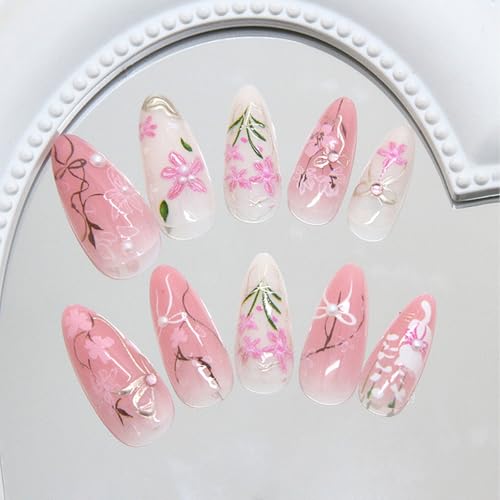 VelvetGlow 24 Pcs Rosa Blume Press On Nails – Medium Mandel Fake NäGel Mit Strass Perlen Designs, SüßE Katze Schleife Sommer Blumen Acryl NäGel Kit FüR Frauen von VelvetGlow