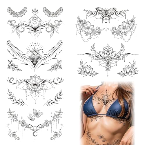 VelvetGlow 6 Pcs GroßE Schwarze Blume Brust Underboob TemporäRe Tattoos FüR Frauen Und Taille RüCken GefäLschte Tattoos FüR MäDchen Erwachsene, Mandala Blume Zweig Tattoo Aufkleber KöRperkunst von VelvetGlow