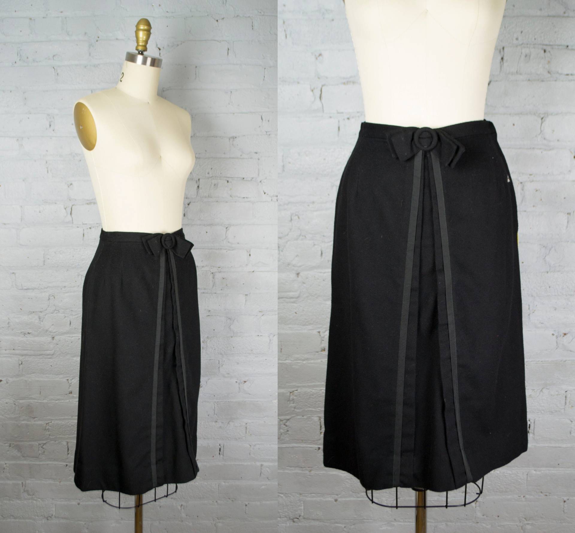 1950Er Jahre Rock. Vintage 50Er Jahre High Waist Bleistiftrock. Schwarzer Woll Midi Rock Mit Schleife . Klein von VelvetPinVintage