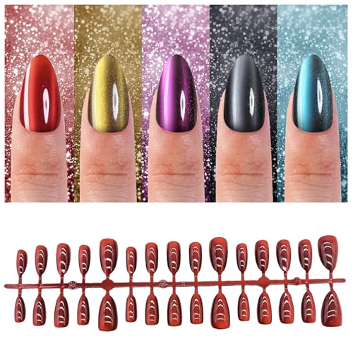 Velvoria 150 Stück Cat Eye Press-on-Nägel, glänzende Nagelspitzen mit glitzerndem Cat Eye-Design für Frauen, mittelmandelfarbene, glänzende, wiederverwendbare Nagelspitzen von Velvoria