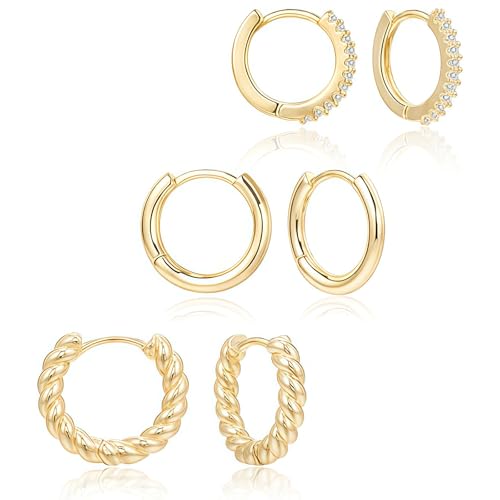 Velvoria 3 Paar kleine Creolen für Damen, 14 Karat vergoldet, Huggie-Creolen, leichtes, hypoallergenes Ohrring-Set, süßes Ohrring-Set für Damen, trendige Schmuckgeschenke Velvoria 3 Paar kleine Creolen für Damen, 14 Karat vergoldet, Huggie-Creolen, leichtes, hypoallergenes Ohrring-Set, süßes Ohrring-Set für Damen, trendige Schmuckgeschenke von Velvoria