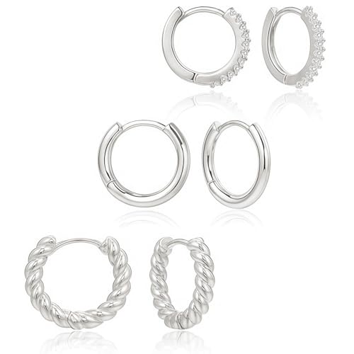 Velvoria 3 Paar kleine silberne Creolen für Damen, 925 versilbert, Huggie-Creolen, leichtes hypoallergenes Ohrring-Set, süßes Ohrring-Set für Damen, trendige Schmuckgeschenke Velvoria 3 Paar kleine silberne Creolen für Damen, 925 versilbert, Huggie-Creolen, leichtes hypoallergenes Ohrring-Set, süßes Ohrring-Set für Damen, trendige Schmuckgeschenke von Velvoria