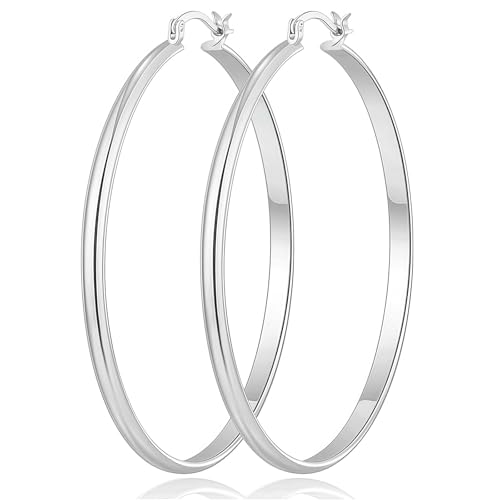 Velvoria Breite große Creolen für Frauen hypoallergen 925er-Silber plattiert leichte silberne Creolen übergroße Damen Silberohrringe, 50 mm Velvoria Breite große Creolen für Frauen hypoallergen 925er-Silber plattiert leichte silberne Creolen übergroße Damen Silberohrringe, 50 mm von Velvoria